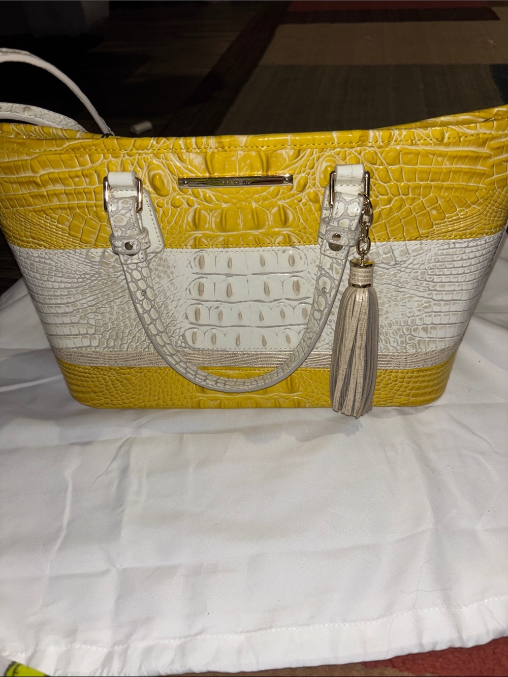 Brahmin Yellow and White Textured Tote Bag with Tassel